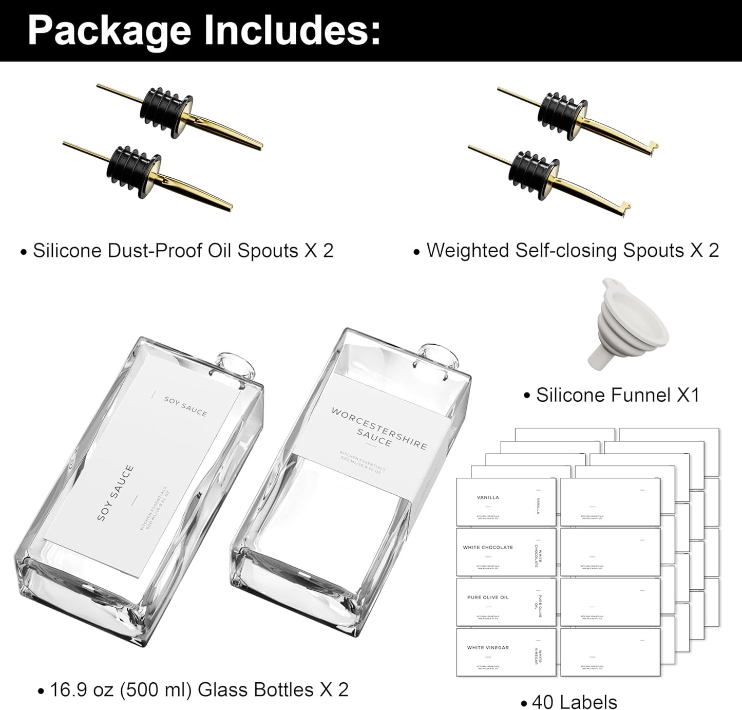 Olive Oil Dispenser for Kitchen, 16.9 oz/ 500 ml Olive Oil Dispenser Bottle, Glass Oil Bottles for Kitchen with 4 Stainless Steel Pourers, 40 Labels, 2 Pcs, Gold