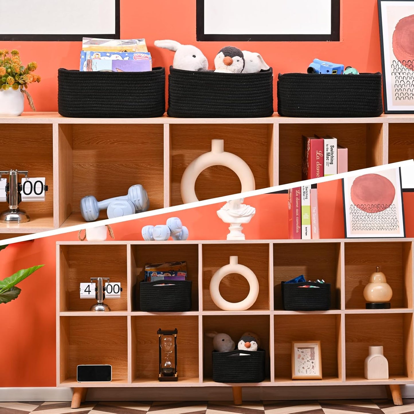 Small Black Baskets for Organizing, Storage Baskets for Shelves, Small Woven Cotton Rope Basket for Storage, Basket for Gifts Empty, 13"×8.5"×5.1" (3 Packs) Black