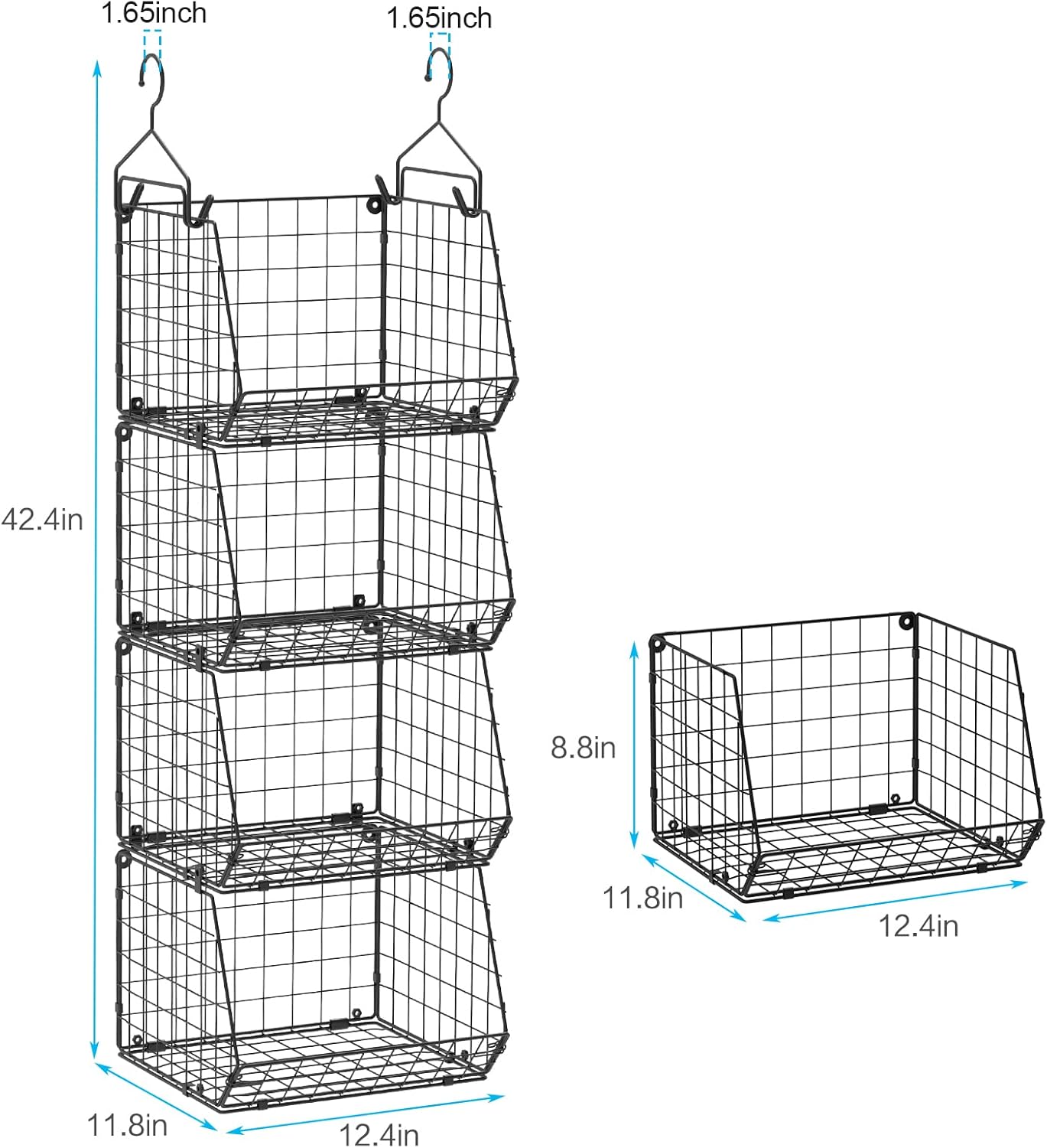4 Tier Closet Hanging Organizer, Closet Organizers and Storage with 5 S Hooks, Closet Hanging Shelves & Freestanding Wire Storage Basket Bins, for Clothing Shoes Handbags Clutches Accessories Patent