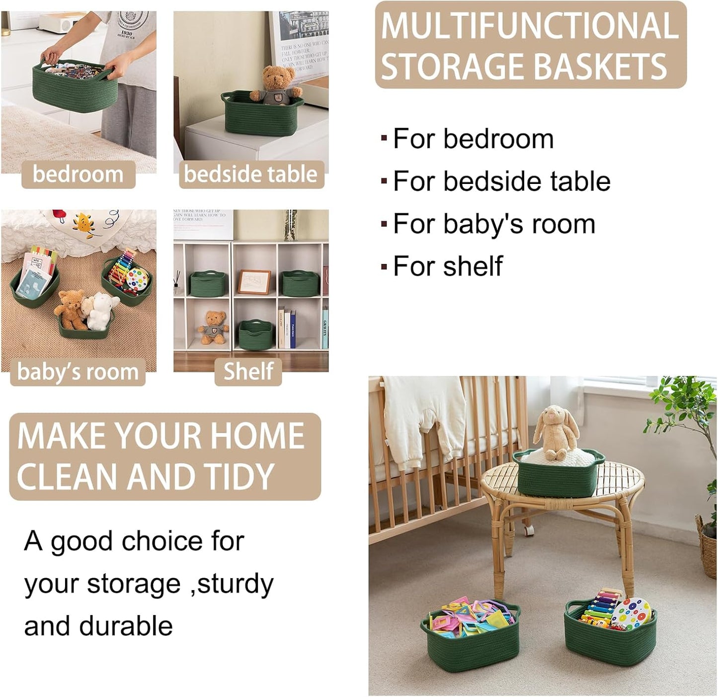 OIAHOMY Cotton Rope Woven Baskets for Storage, Nursery Rectangle Storage Basket with Handles for Shelves, Pack of 3, Green