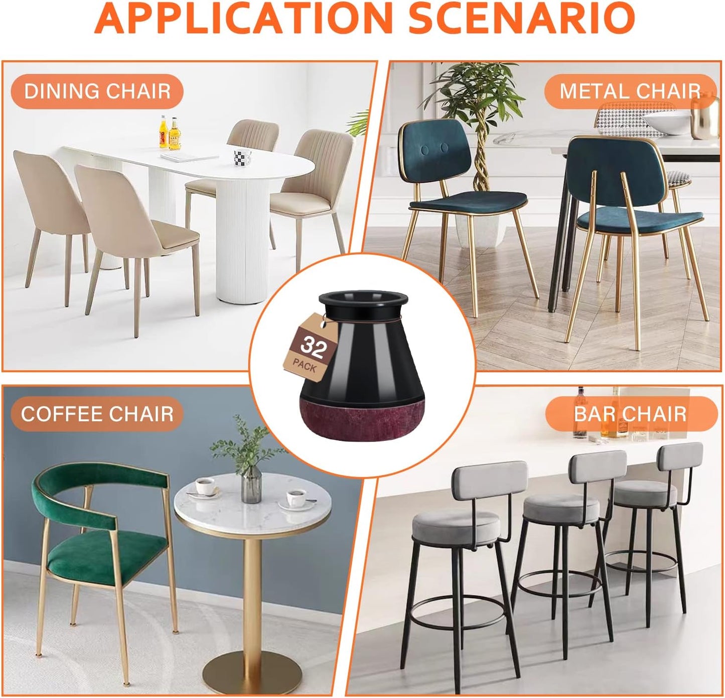 YOZON Small Chair Leg Floor Protectors for Hardwood Floors 32 Pack Felt Furniture Pads Silicone Caps Anti-Scratch Reduce Noise Black Round Small Fit 1/2" to 3/4" (14-19mm)