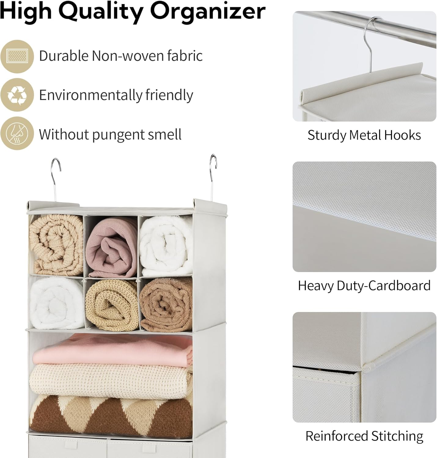 GRANNY SAYS Hanging Closet Organizer with Drawers, 4 Shelf Dividers Closet Hanging Organizer, Foldable Hanging Shelves for Clothes Organizer, Small Closet Organizers and Storage, Beige