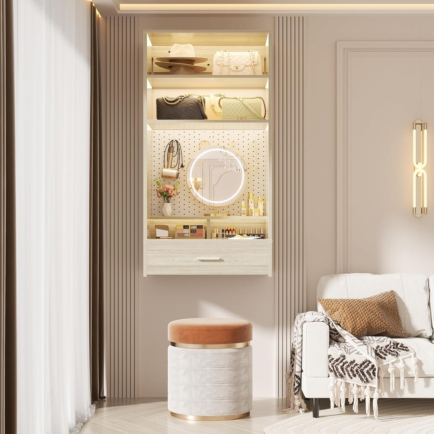 Unikito 24 inch Closet System with Drawers and Magnetic Pegboard, Wall Mounted Closet Organizer with Vanity Storage Shelves, Multipurpose Vanity Desk for Bedroom, Mudroom, and Entryway, White Oak