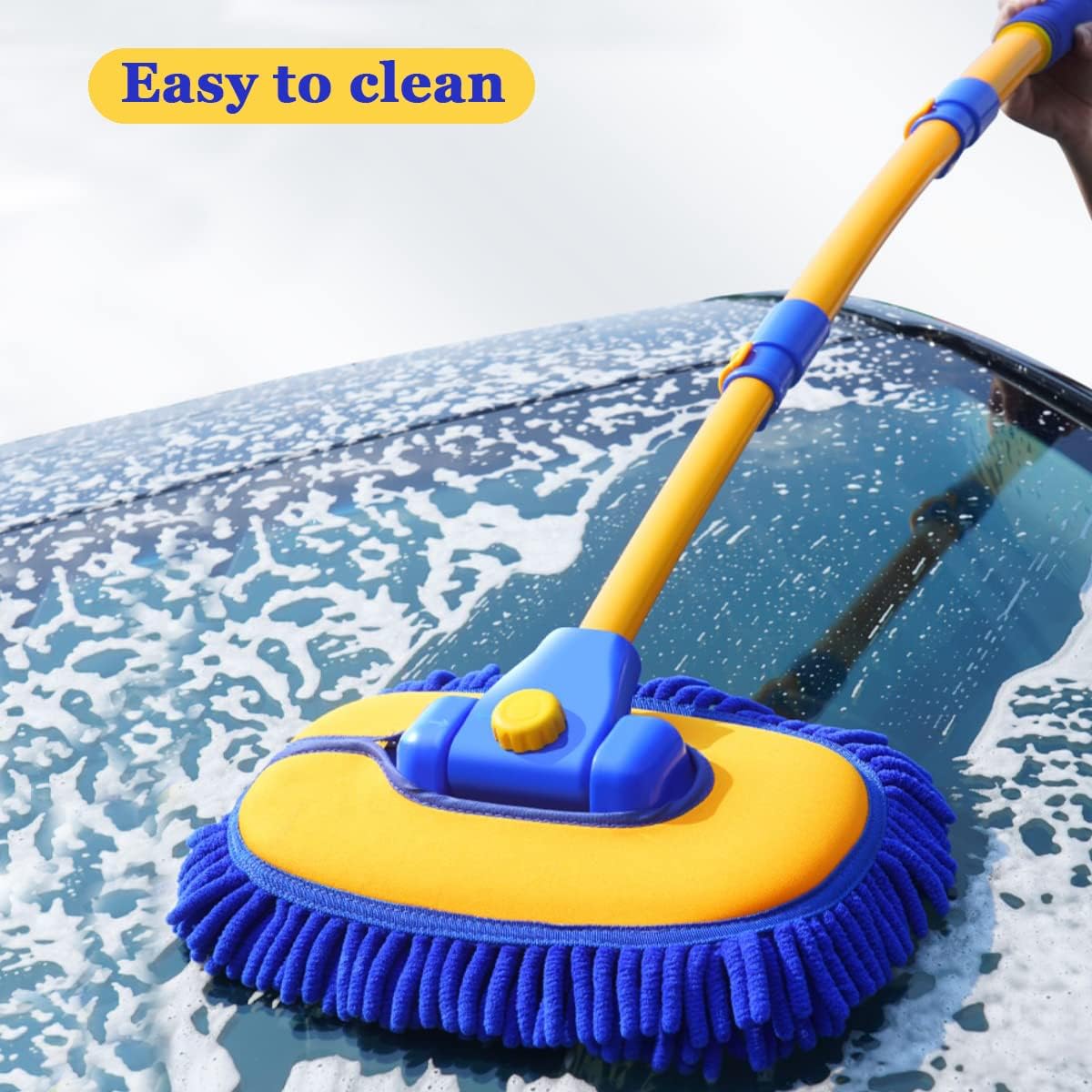 Car Wash Brush with Long Handle, Microfiber Towels Car Wash Kit Cleaning Supplies, Car Wash Mop Mitt with 2 Replacement Head , Extension Pole Car Brush Cleaning Kit for Cars Trucks(Blue)