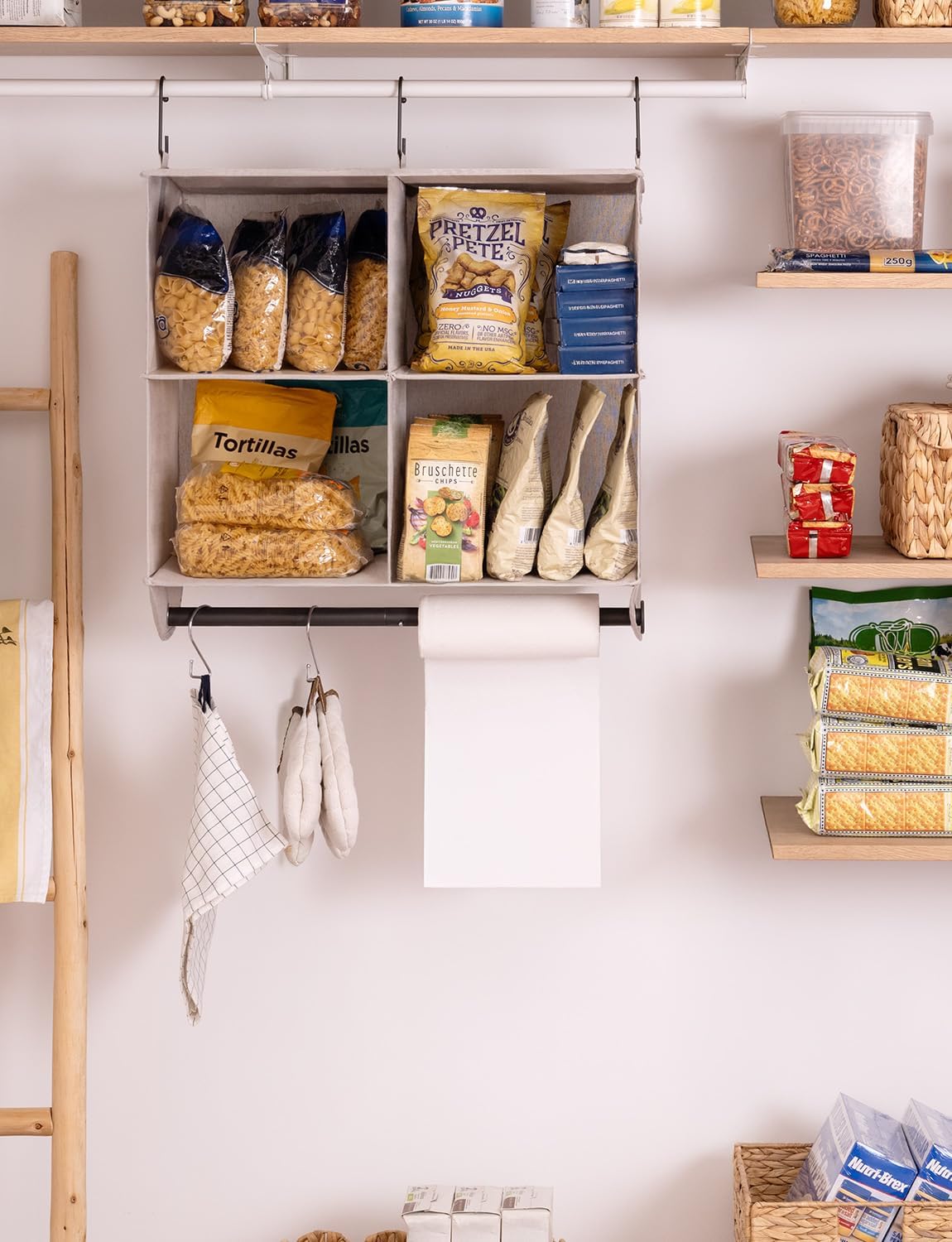 StorageWorks Hanging Closet Organizer with Metal Rod, 4-Section Closet Organizers and Storage, Collapsible Hanging Shelves for Wardrobe Organizer, Nursery, Bedroom, Light Khaki