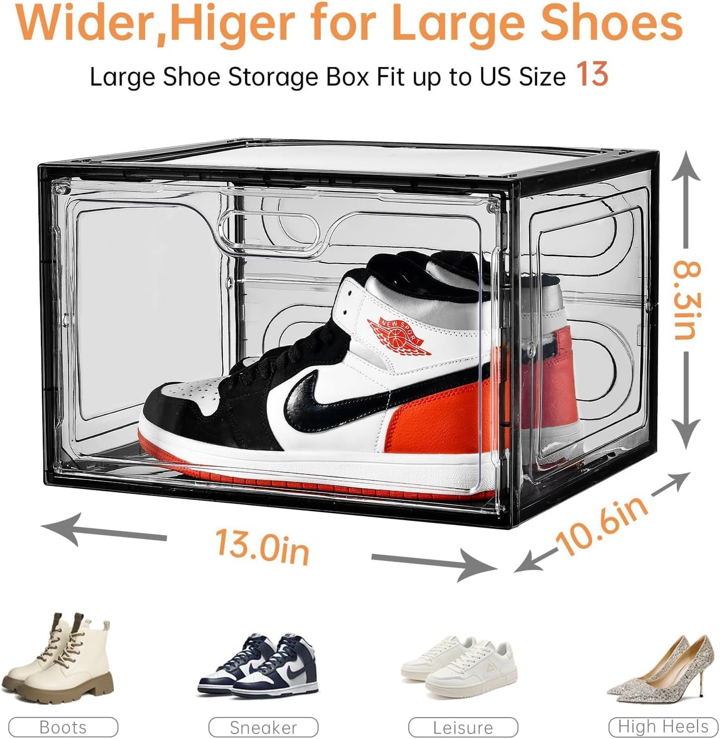 New Gray 8 Pack Shoe Boxes Stackable, Large Shoe Storage Organizer with Lids,Drop Side Shoe Containers for Entryway,Sneaker Storage Fit up to US Size 13 for Men/Women(13’’x 10.6”x 8.3”)