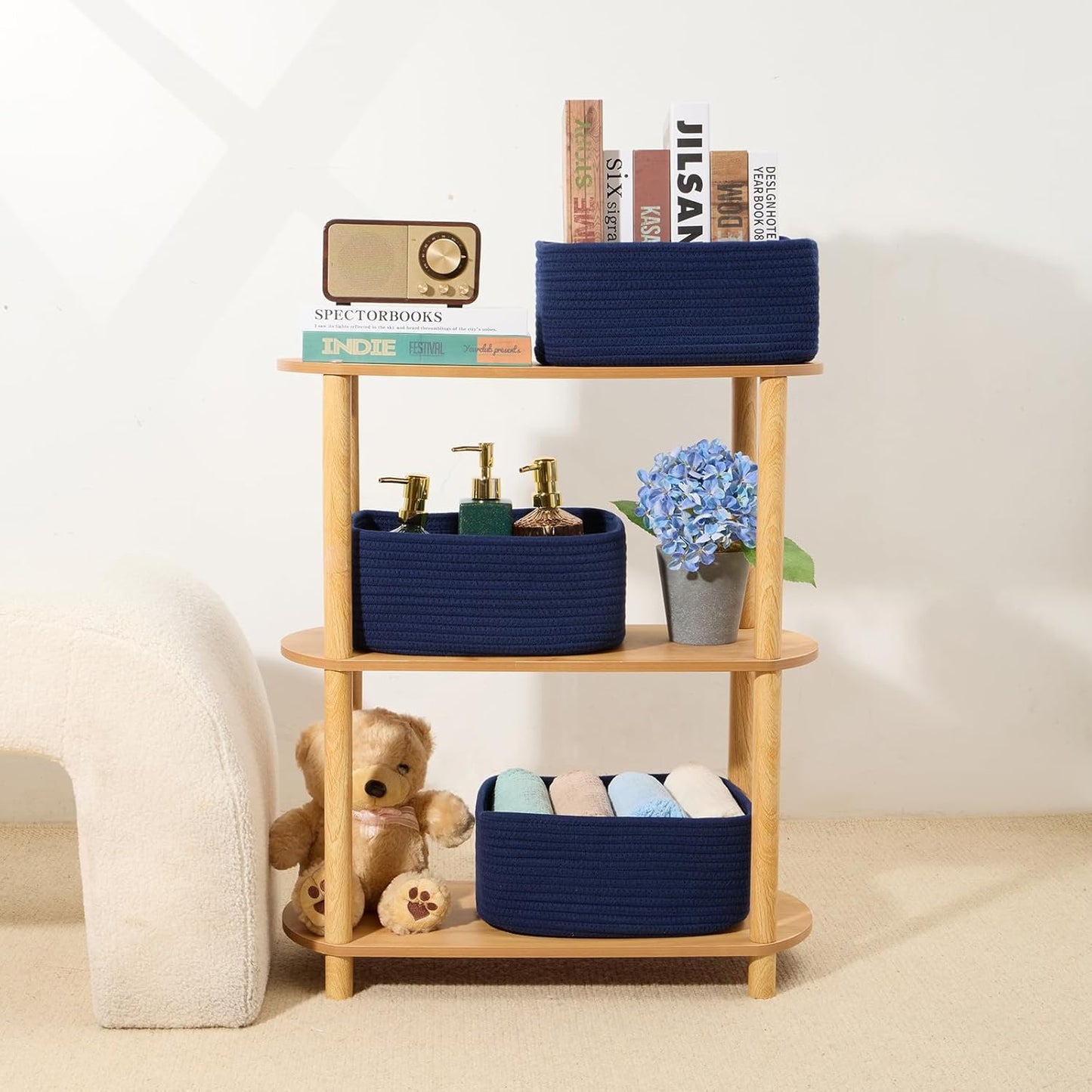 Small Storage Baskets for Organizing | Closet Organizer Bins | Shelf Toy Basket | Woven Rope Baskets | Cube Decorative Box | Shallow Basket | 13x8.5x5.1” | 3 Packs Navy Blue