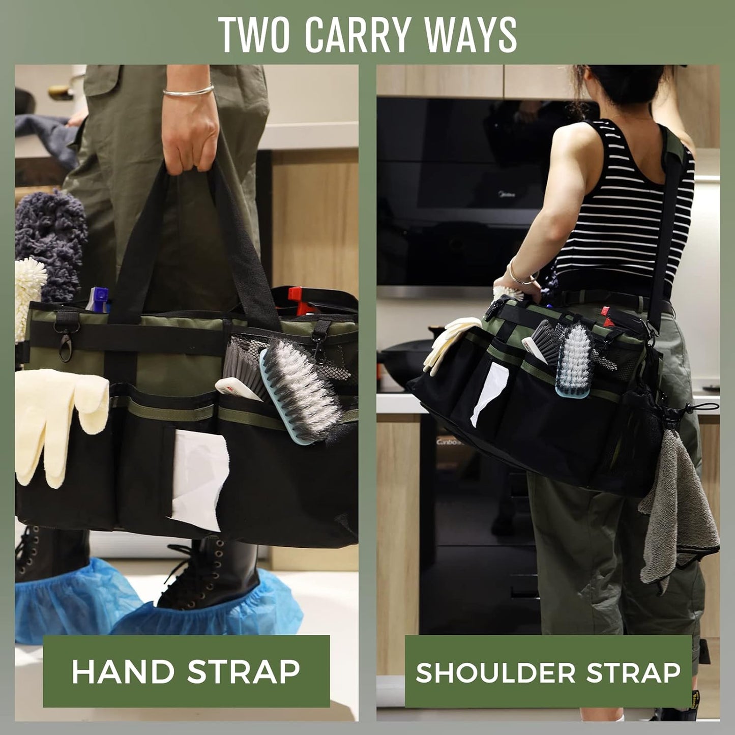 Wearable Cleaning Caddy Organizer with Handle & Shoulder Straps for Housekeepers, Under Sink & Car Cleaning Tool Organizer Bag with 4 Foldable Dividers (Green)