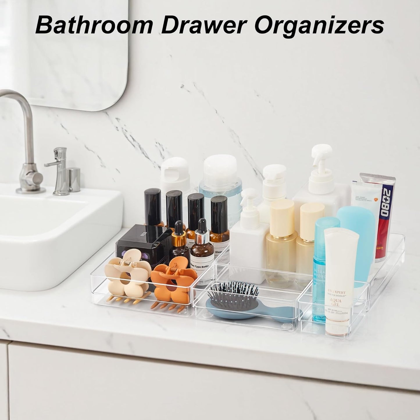 SMARTAKE 25-Piece Drawer Organizer with Non-Slip Silicone Pads, 4-Size Desk Drawer Organizer Trays Storage Tray for Makeup, Jewelries, Utensils in Bedroom Dresser, Office and Kitchen (Clear)