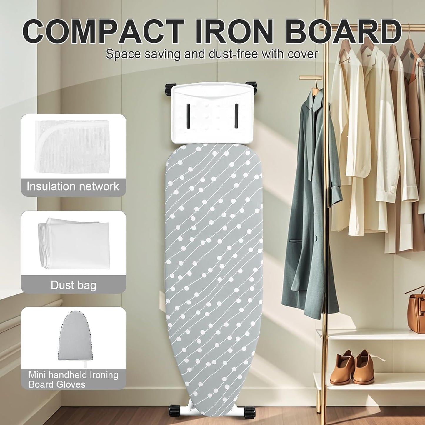 Ironing Board,Foldable Ironing Board Adjustable Height Compact Iron Board Thick Steel Tube Iron Board with Holder,Replacing Cloth Cover and Mini Handheld Gloves(Blue Dots)
