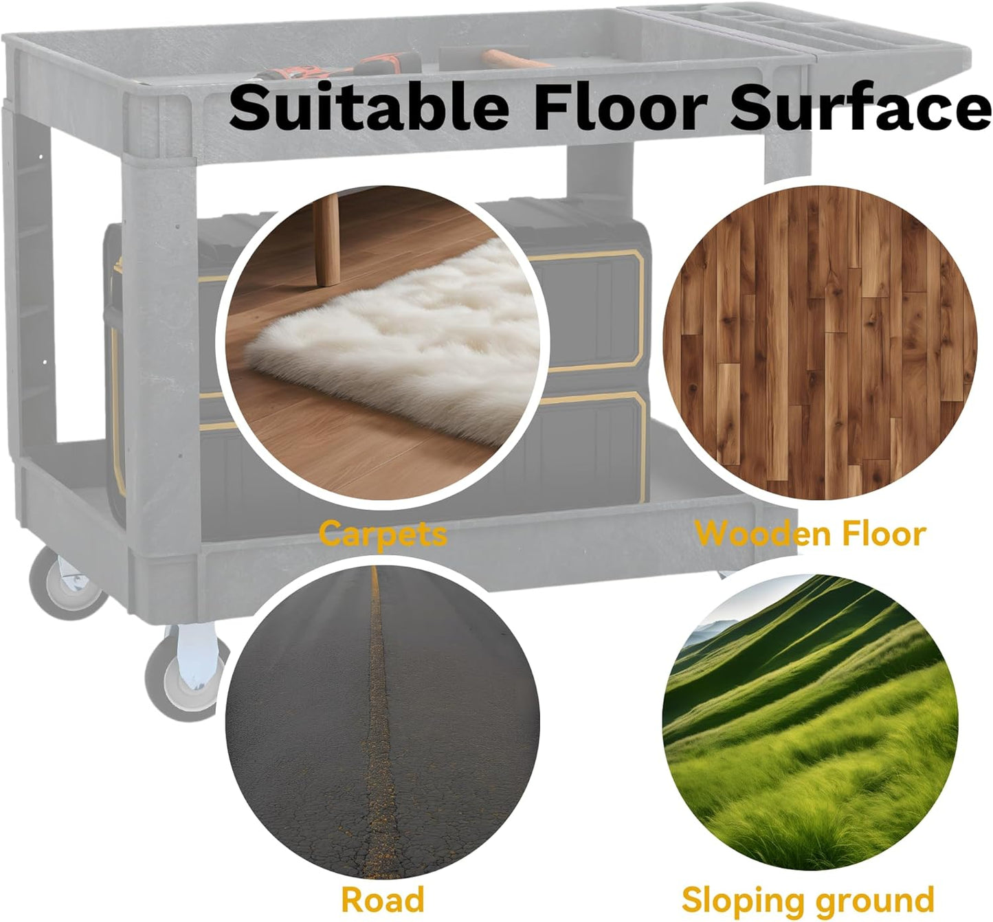 DWVO Service Utility Cart on Wheels, 45 X 25 in 550 LBS Heavy Duty Rolling Cart Plastic Work Cart for Warehouse Garage School & Office Cleaning