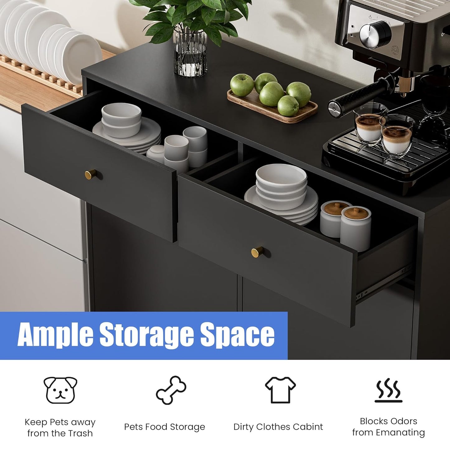 Double Tilt Out Trash Can Cabinet, Trash Storage Cabinet with 2 Drawers, Hidden Garbage Bin, Free Standing Laundry Sorter Organizer for Kitchen Dining Living Room, Bathroom, Black