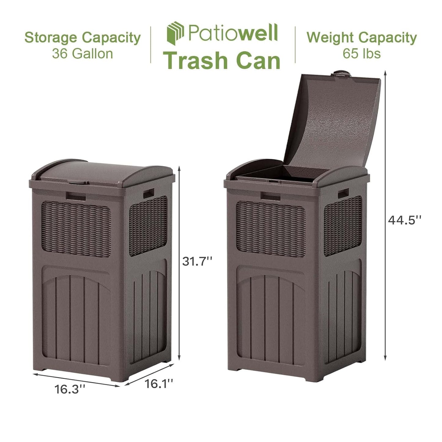 Patiowell 36 Gallon Outdoor Trash Can, Resin Outdoor Garbage Can with Lid for Patio, Backyard, Deck, Dark Brown