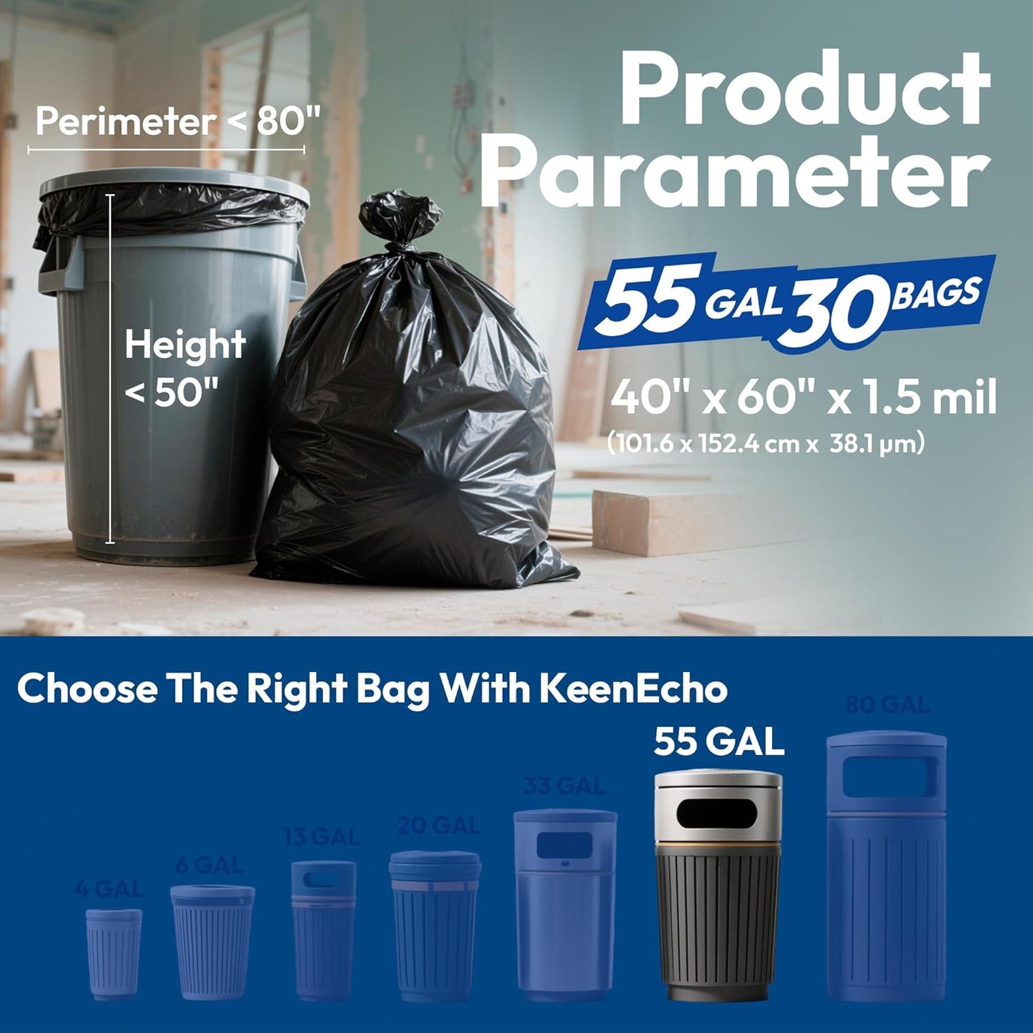 Heavy Duty Contractor Trash Bags 55-60 Gallon, 30 Count, 1.5Mil Extra Thick, Strong Black Garbage Bags, Leakproof Star Seal for Construction, Yard, Demolition Debris