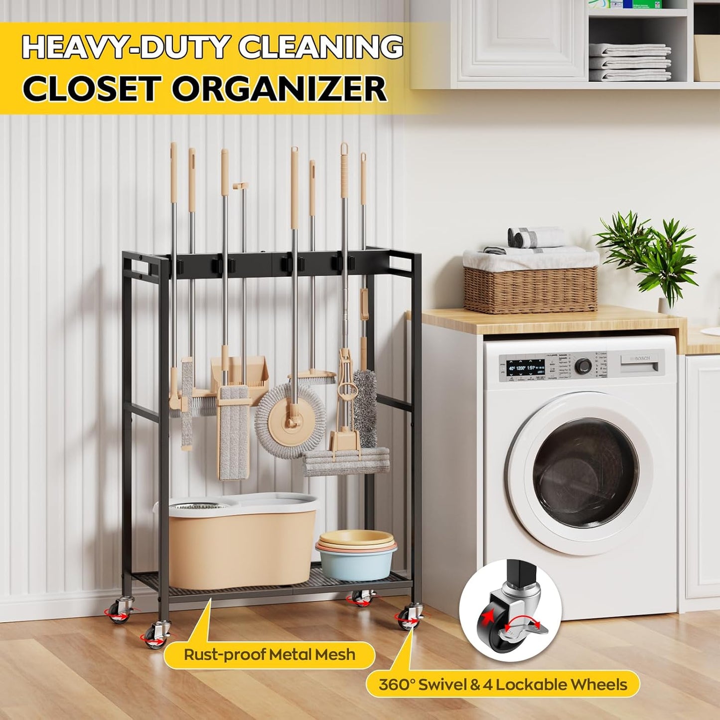BORISI Broom And Mop Holder, Movable Broom Closet Storage Cabinet, Cleaning Cart with Mop Hanger Gripper Rack, Janitorial Cart, Utility Carts, Laundry Room Organization Home Essentials