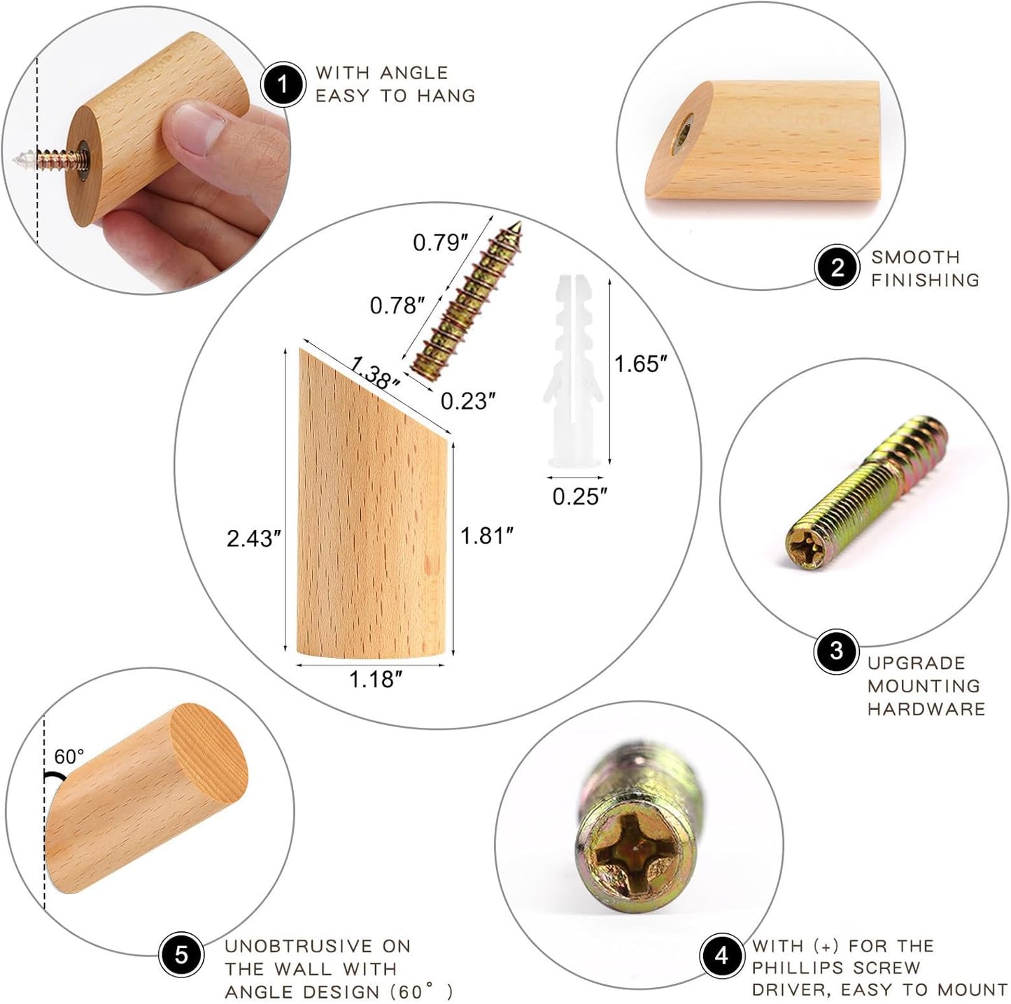 Wood Wall Hooks, 6 Pack Natural Wooden Coat Hooks Wall-Mounted, Rustic Heavy Duty Hook for Hanging Towels Coats Plants, Entryway Hat Hanger Wall Coat Rack (Beech Wood)