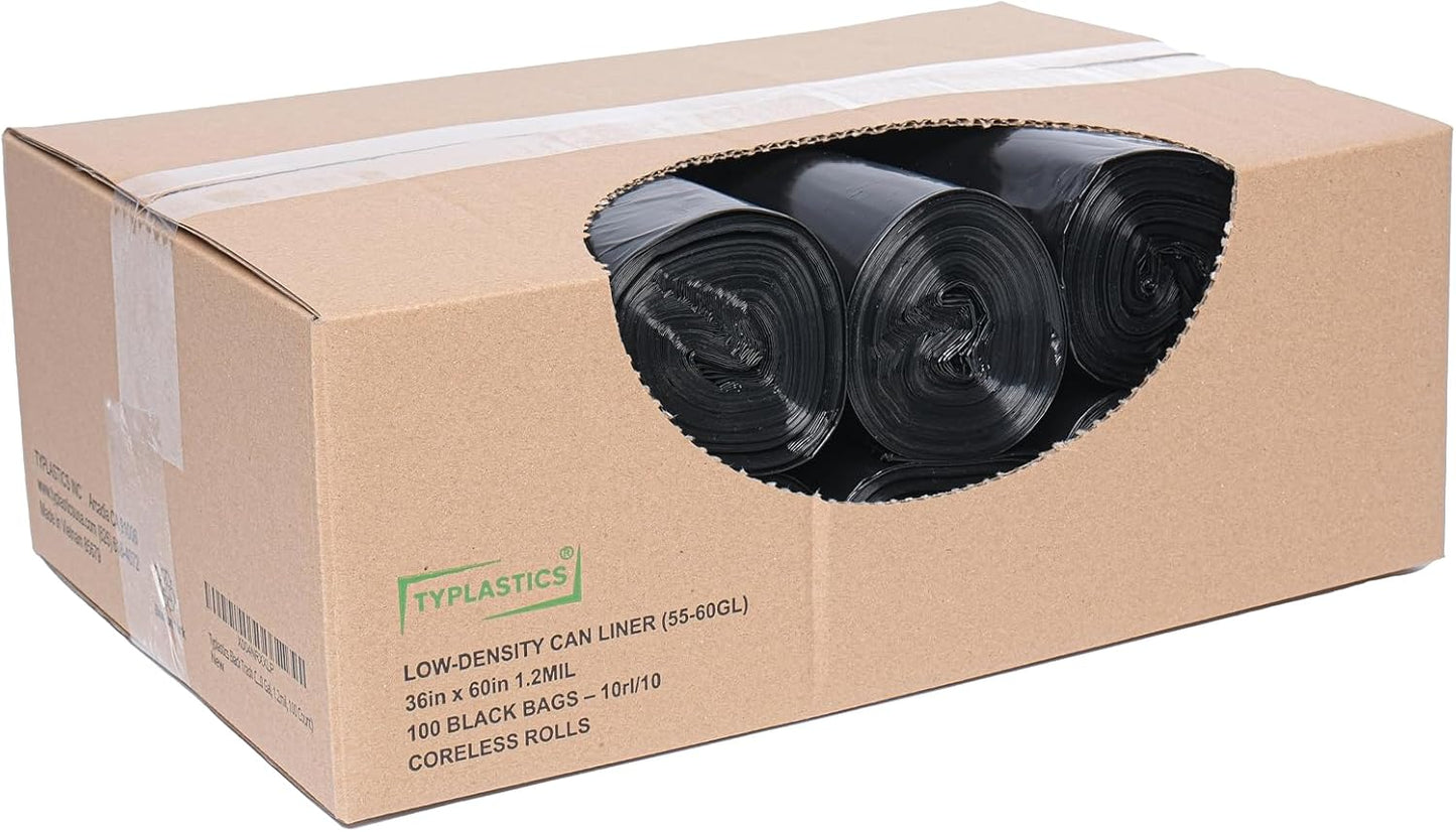TYPLASTICS Heavy Duty 55-60 Gallon Trash Can Liners, 36" x 60", 1.2Mil, Black Garbage Bags, Multipurpose for Lawn, Leaf, Yard, Office, Outdoor, Gardening, Commercial and Industrial - Boxes of 100