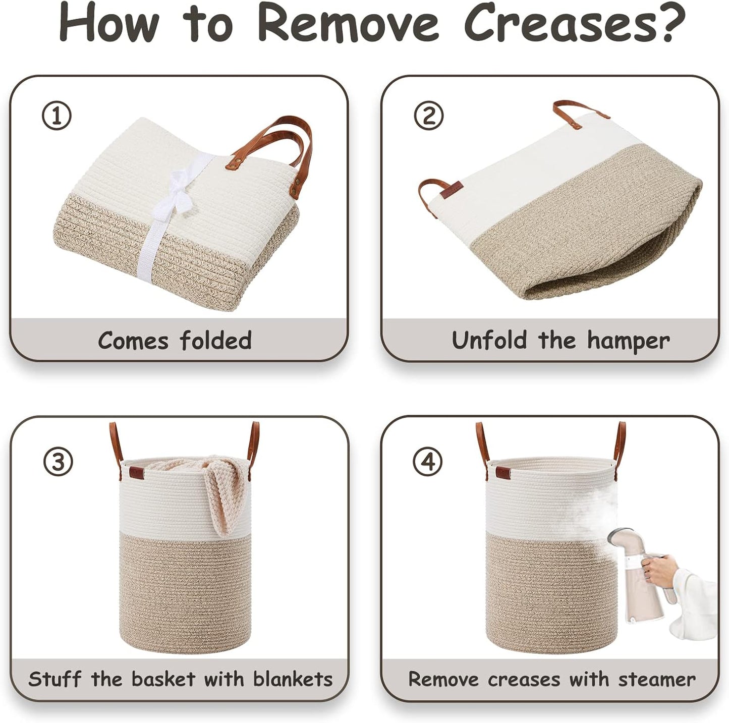 VIPOSCO Small Laundry Basket, Slim Baby Hamper with Leather Handle, Cute Woven Rope Storage Basket for Blanket, Kids Toy, Clothes In Living Room, Bathroom, Bedroom, Nursery Room - 30L White & Brown