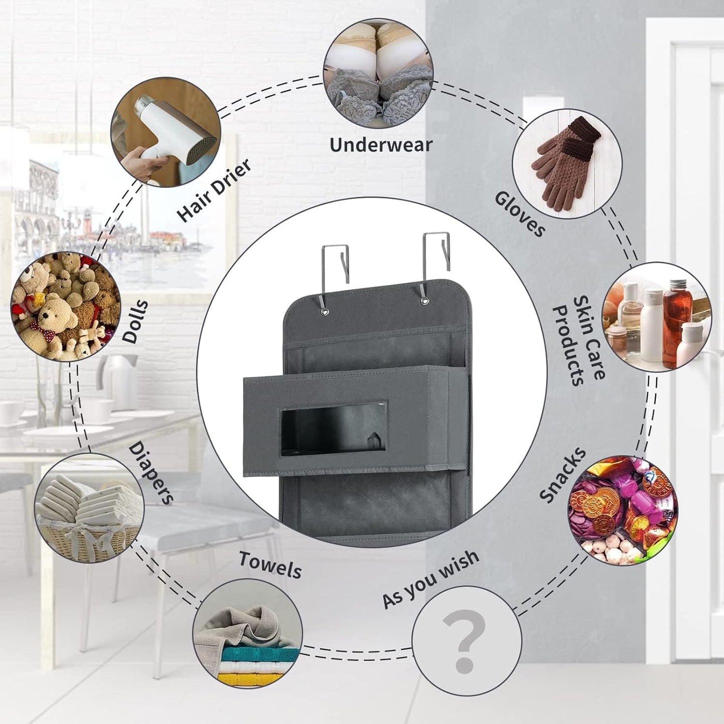 5-Shelf Over The Door Hanging Organizer with 2 Metal Hooks,5 Pocket Over The Door Wall Mount Storage with Clear Windows for Baby Nursery Bathroom Closet,Bedroom,Dorm (Gray-2 Pack)