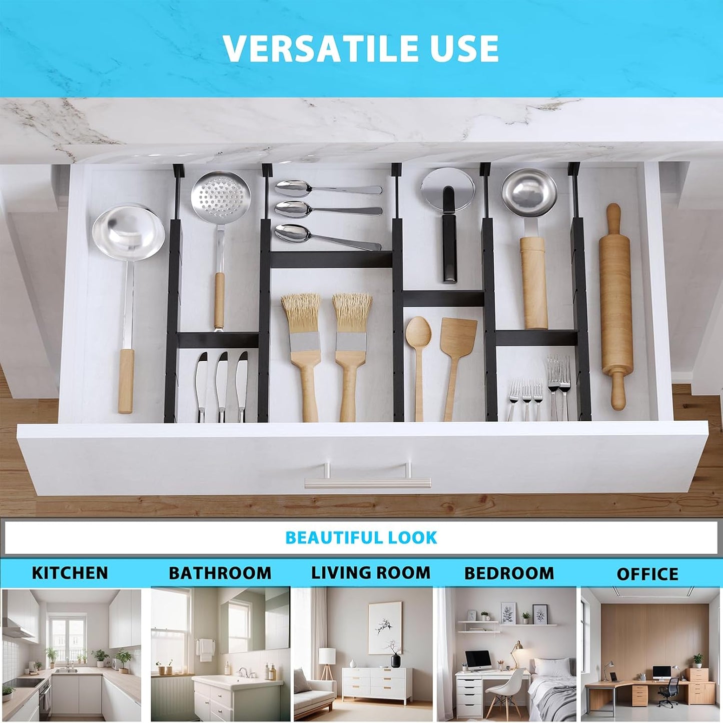 6 Pack Bamboo Drawer Dividers with 12 Inserts, Expandable Adjustable Clothes Drawer Organizers and Storage from 17" to 22" for Kitchen, Bedroom, Dresser, Cosmetics (Black)