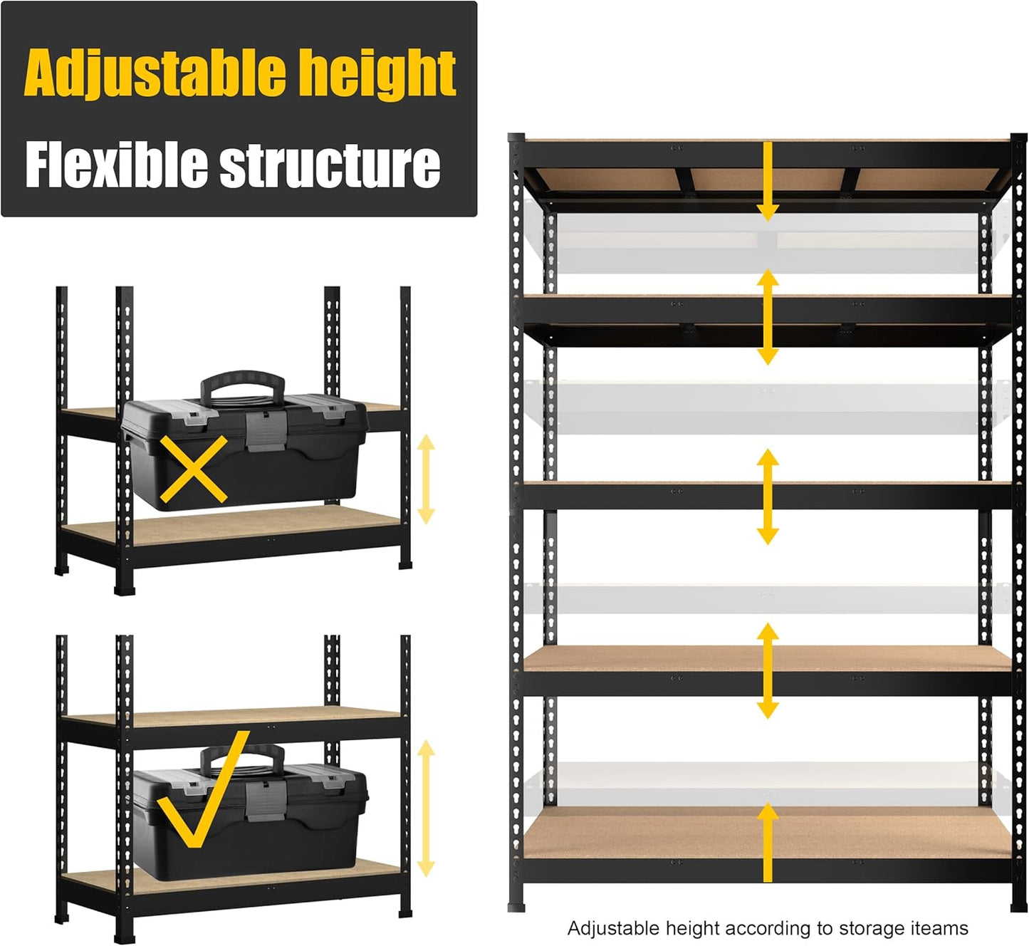 PrimeZone Heavy Duty Adjustable 5 Tier Garage Storage Shelves - 47" W x 18" D x 71" H, Metal Utility Rack Shelf Unit for Warehouse, Pantry, Closet, Kitchen, Black