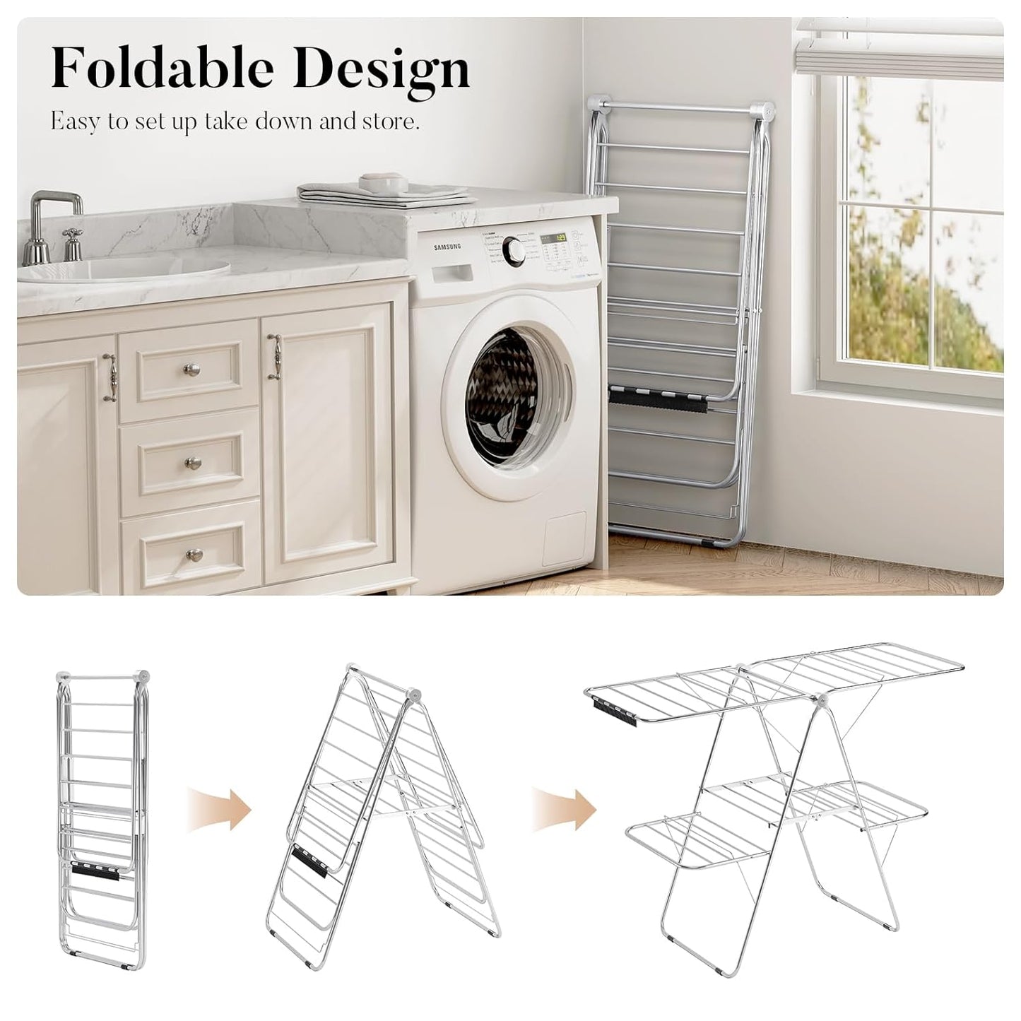 APEXCHASER Clothes Drying Rack with 4 Wings, Stainless Steel Drying Rack Clothing with Sock Clips, Metal Connectors, Height-Adjustable, Foldable Laundry Drying Rack, Indoor Outdoor Use, No Assembly