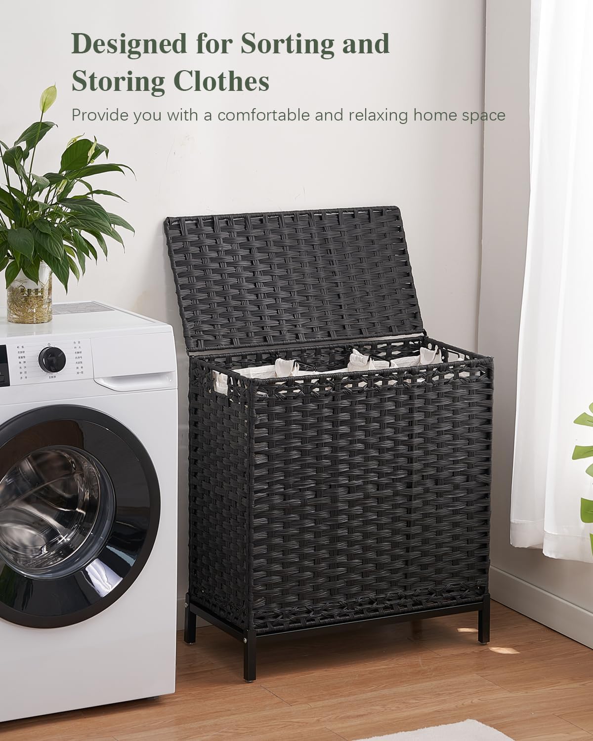 Laundry Hamper with Lid 132 L, (35 Gallons) Clothes Hamper with Lid, Handwoven Rattan Laundry Hamper with Metal Heightened Feet, Laundry Hampers with 3 Removable Liner Bags for Laundry-Black