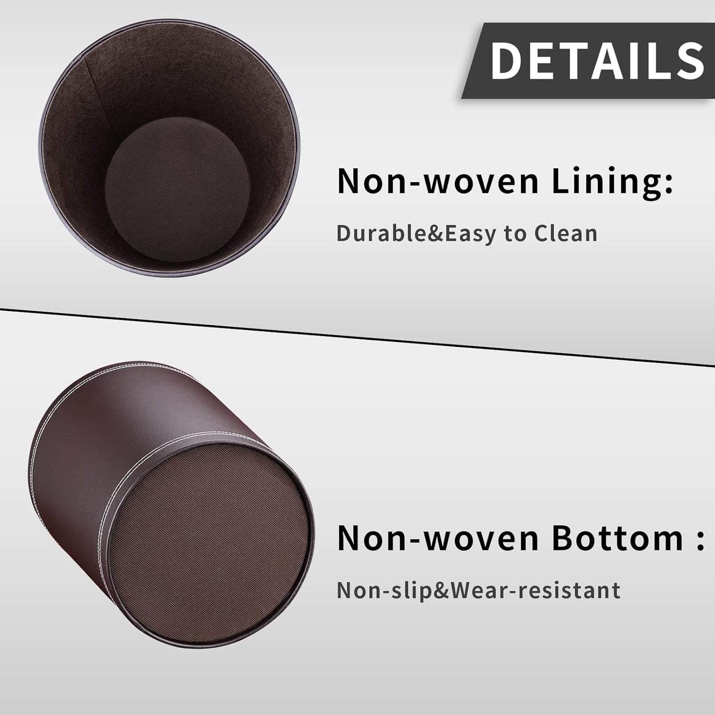 Pu Leather Trash Can for Bedroom, 2.6 Gallon Wastebasket for Office, Small Bathroom Garbage Cans for Home Decorative, Round Waste Basket Bin for Dorm Kitchen Brown