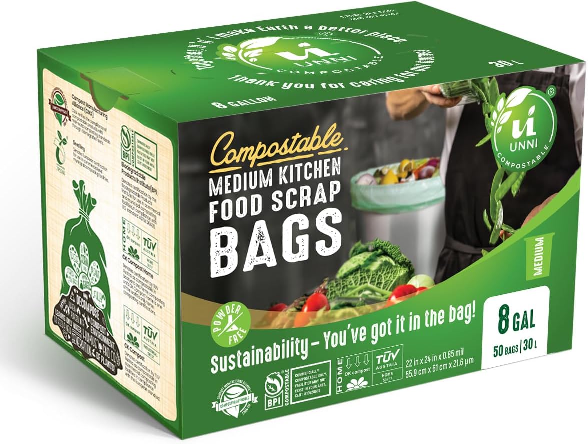 UNNI Compostable Trash Bags, 8 Gallon / 30 Liter, 400 Count Value Pack, Extra Thick 0.85 mil Medium Kitchen Food Scrap Bin Liners, BPI, CMA & OK compost HOME Certified, Meets ASTM D6400