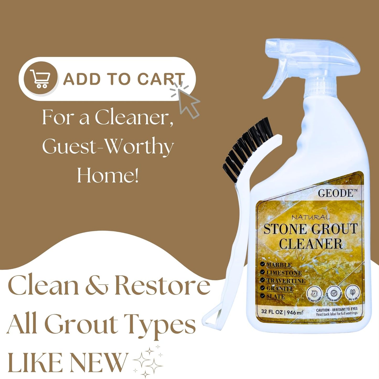 Natural Stone Grout Cleaner, Safe for Marble, Travertine, Limestone, Tile Spray on Grout Cleaner with Brush (32 oz.)