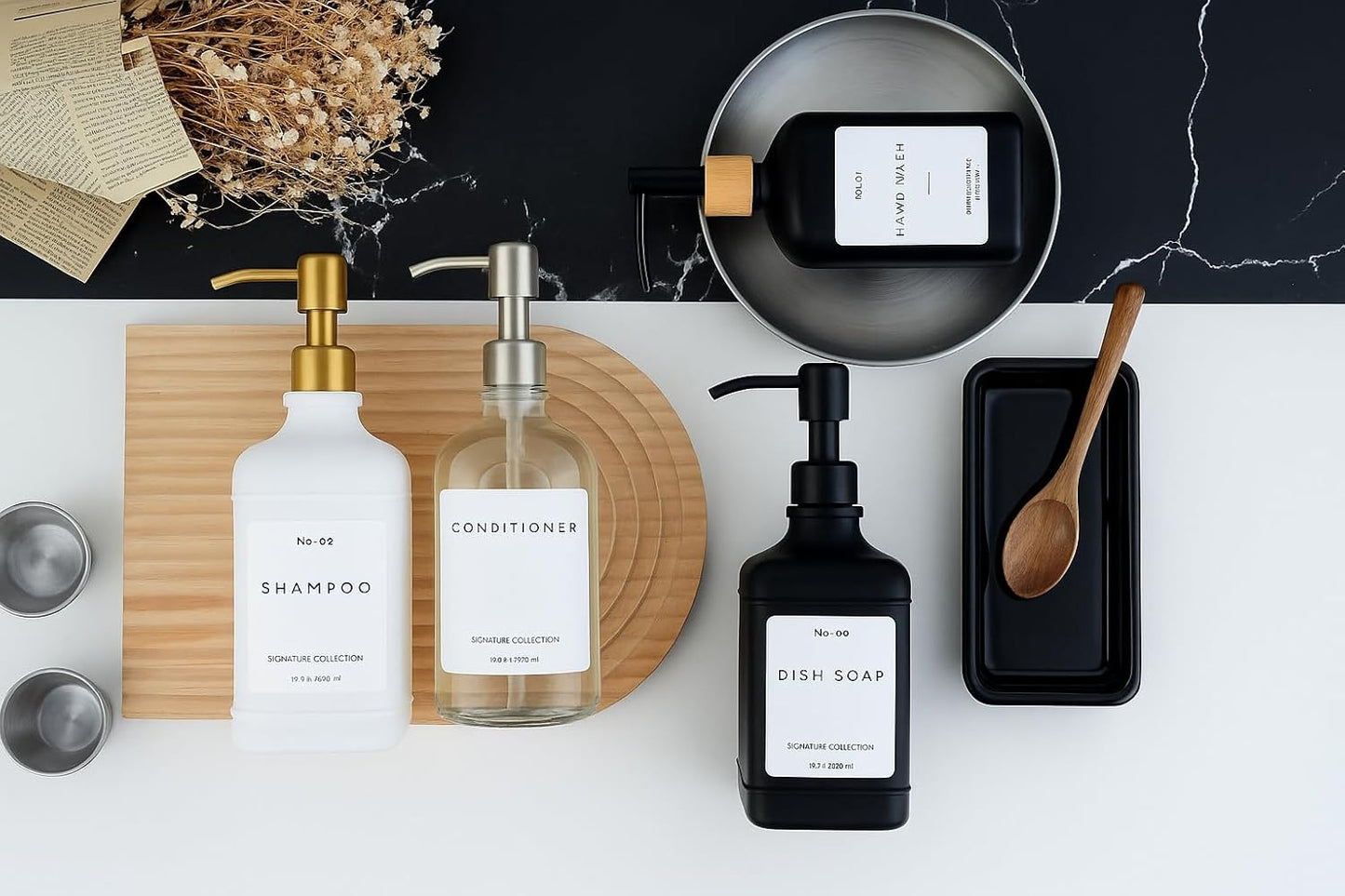 Emerson Essentials Soap Dispenser, Dish Soap Dispenser, Soap Dispenser Bathroom Set, Hand Soap, Kitchen Soap Dispenser Set, Glass Soap Dispenser with Pump and Labels | 16 Oz, 2-Pack