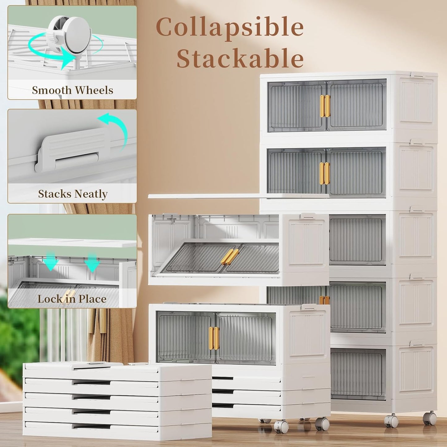 100Gal Stackable Plastic Storage Bins with Lids, Collapsible Closet Organizers and Storage with Wheels for Living Room,Office,Dorm 26.8" W x 14.4" D x 60" H, 5 Tier