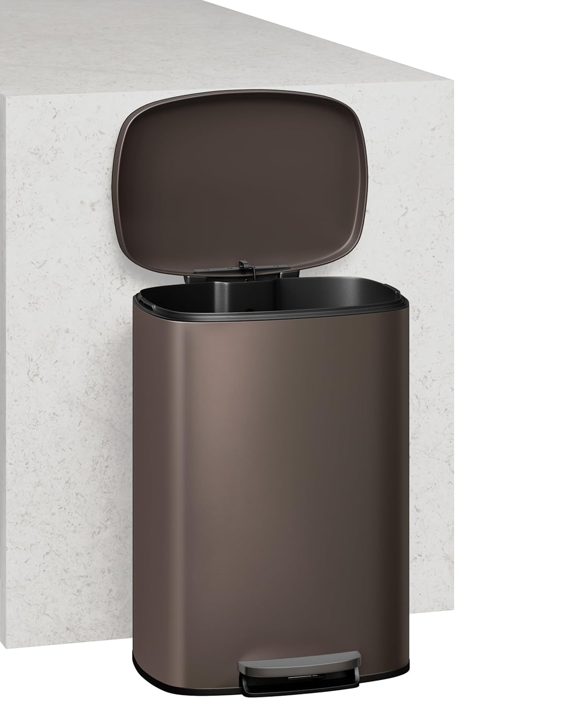 Garvee 13 Gal (50L) and 2.6 Gal (10L) Metal Trash Can Combo Set, Rustproof Garbage Can with Lid, Step-on Trash Bin with Inner Bucket, Rear Handle, Brown