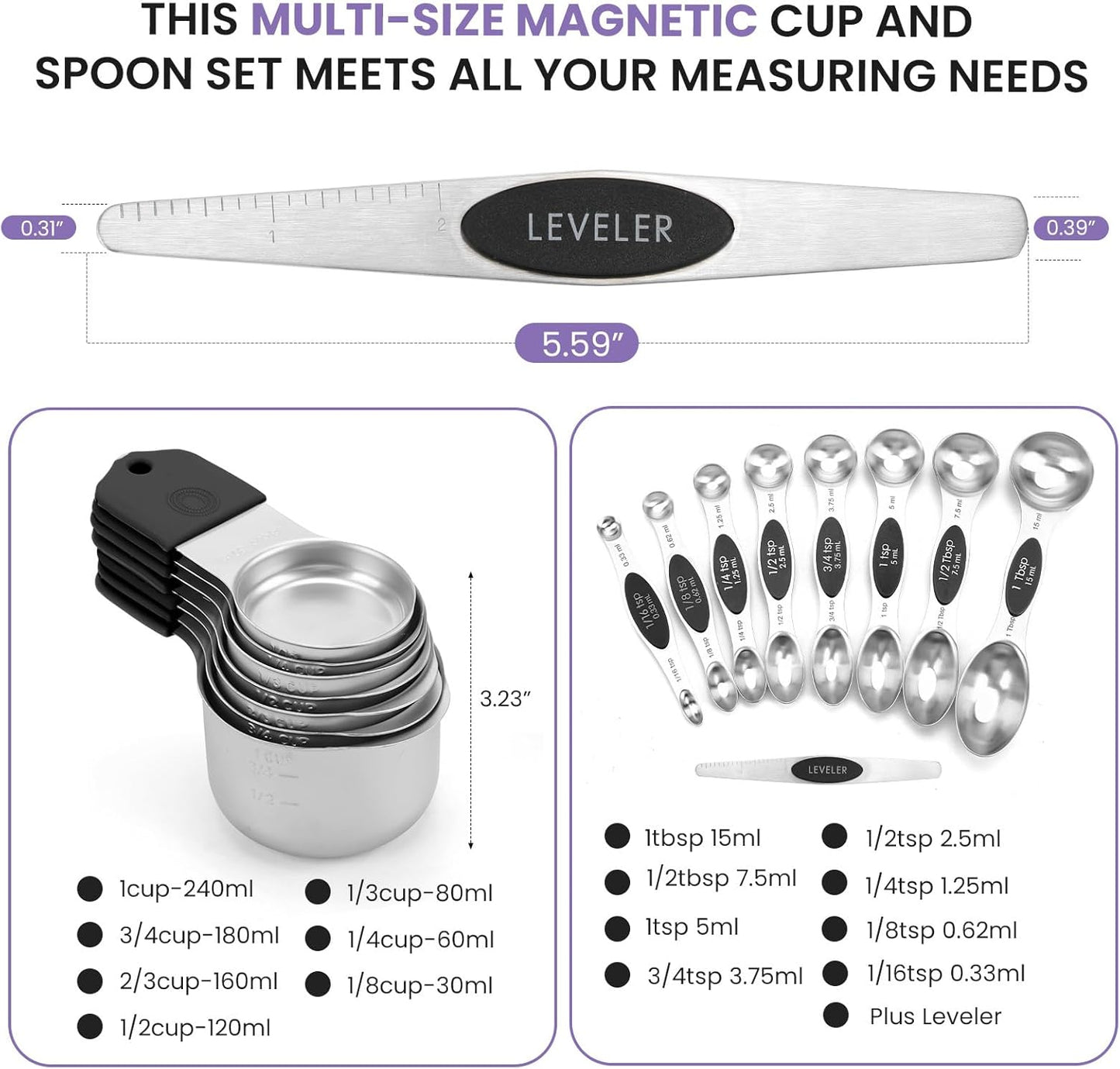 Magnetic Measuring Cups and Spoons Set-Heavy Duty 304 Stainless Steel,Double Measurement Markings,Set of 16 with Leveler for Measure Dry and Liquid Ingredients (Black)