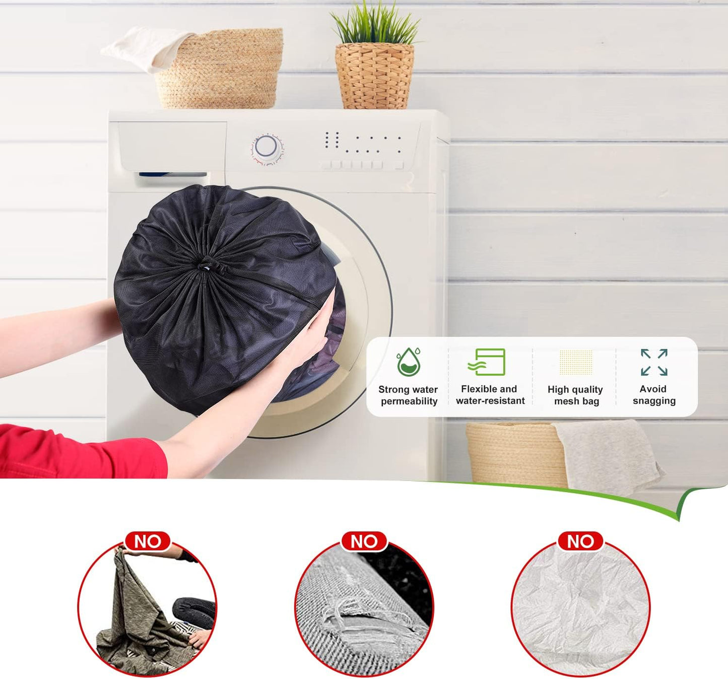 OTraki 20x24 inch Mesh Laundry Bags 2 Pack Fine Mesh Heavy Duty Drawstring Bag Washable Medium Toy Sack Washing Bag for Home Dorm Hotel Camp Beach Travel Storage Black