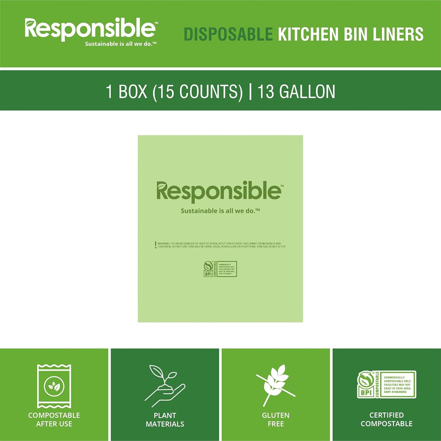 Responsible Products Kitchen Bin Liners, Certified Compostable, Heavy Duty Multipurpose Food Scrap Bags, Made from Compostable Materials (13 Gallon, 13 Gallon (15 Count))