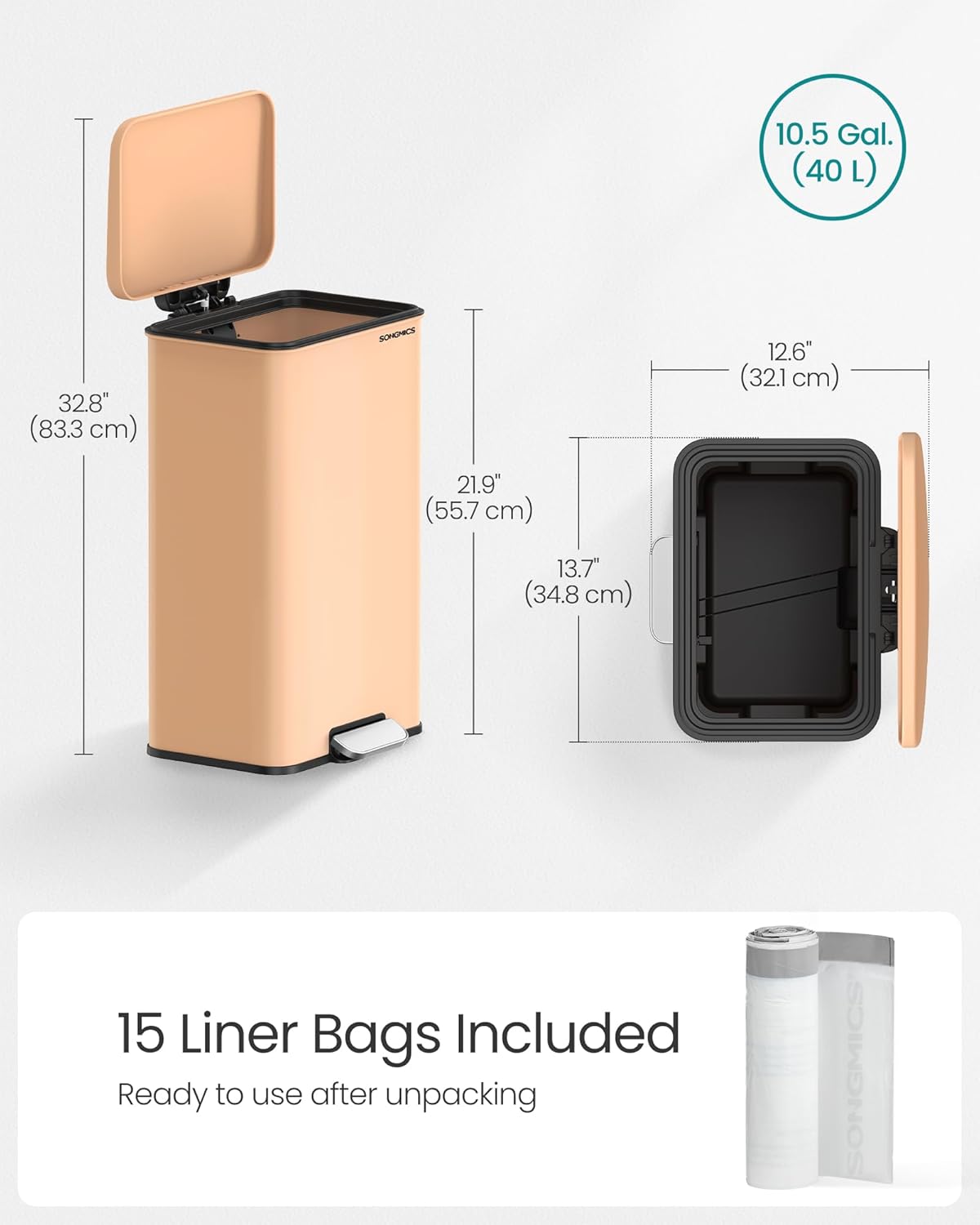 SONGMICS Kitchen Trash Can, 10.5 Gallon (40 L) Garbage Can, Large Step Trash Bin with Lid, Stainless Steel, Soft Close, 15 Trash Bags Included, Peach Fuzz ULTB540R01