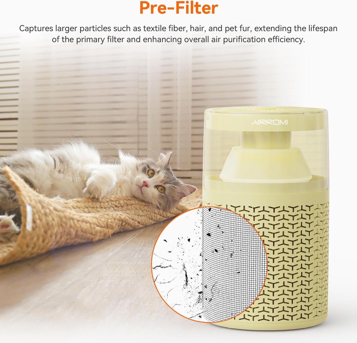 AIRROMI Pet Air Purifier for Home Bedroom Covers 658 Ft²,with Activated Carbon Filter,Aromatherapy,Nightlight, and Quiet 360°Intake Tackles,Filters Smoke,Pet Hair,Dander,Allergies,Odors,A2002 Yellow