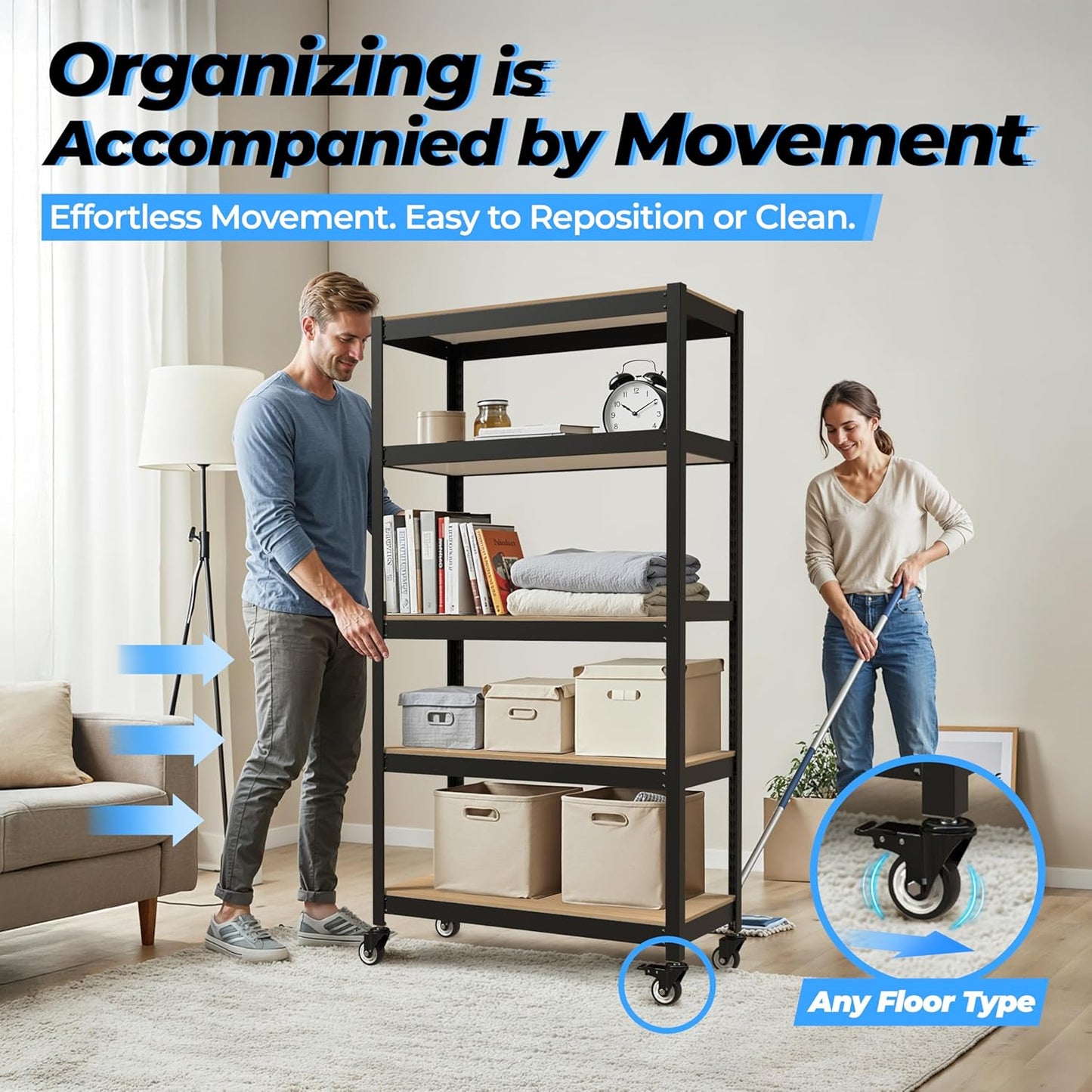 HOMEDANT House 5-Tier Metal Rolling Cart Shelf Rack Casters Heavy Duty Laminated Wheel Shelving Unit Adjustable Utility Storage Shelves Organizer Shelf Kitchen Garage 36.2" W x 16.5" D x 69.5" H 4Pack
