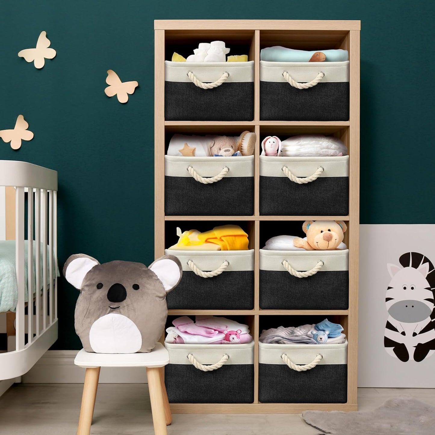 SIMPLE HOUSEWARE Large Fabric Storage Bin, 15.7" x 12" with Braided Handles, 3 Pack, Black