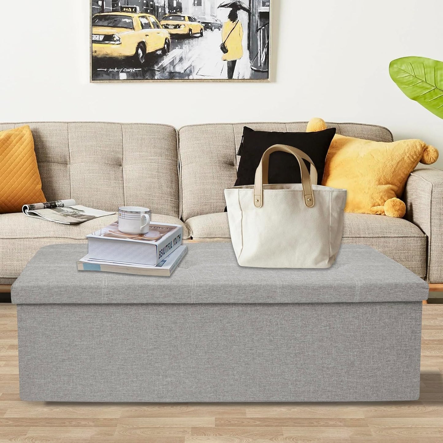 GLAXYFUR 43 Inches Folding Storage Ottoman Bench, Storage Chest, Footrest for Entryway, Living Room, Holds up to 660 lb, Light Grey