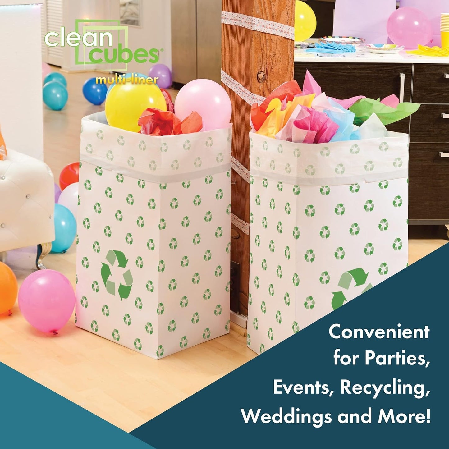 30 Gallon Disposable Pop-Up Trash Cans (3-Pack, Multi-Liner) with Fitted Bags – Foldable Garbage & Recycling Bins for Parties, Events & Kitchen (Recycle 30" H x 14" W x 17" D)