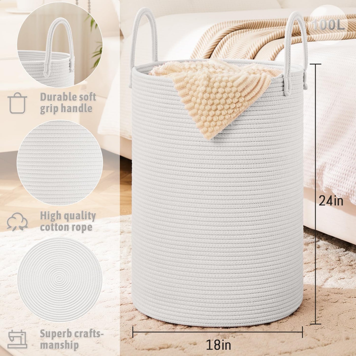 Laundry Basket,Woven Cotton Rope Laundry Hamper,100L for Decorative Storage of Dirty Clothes,Toys and Blankets in Bathroom,Baby Room and Living Room