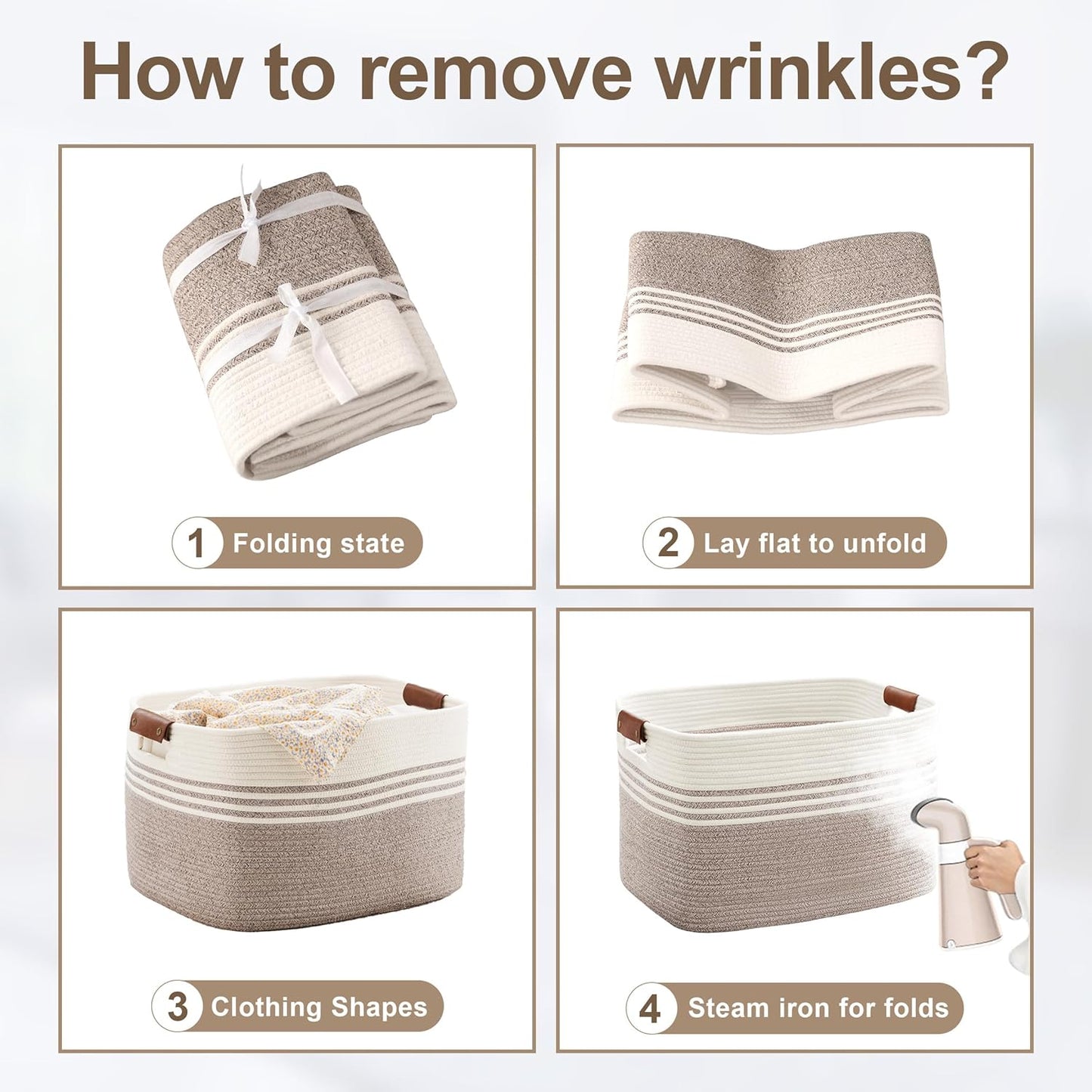 72L Large Laundry Basket with Leather Handles for Living Room Storage, Woven Rope Baskets Bin for Blanket, Kids Toy, Gifts, Wicker Hamper for Bedroom Dirty Clothes, 22"x17"x12" White Brown