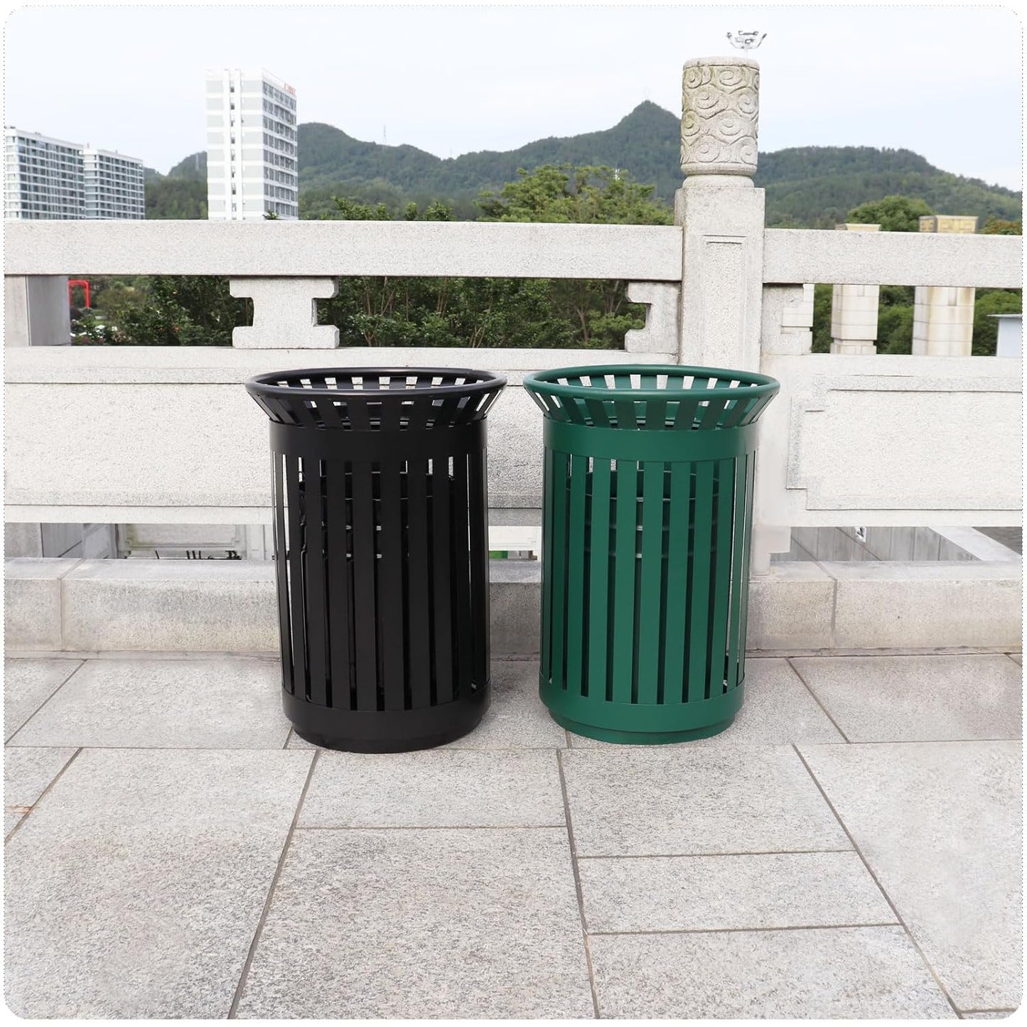 Outdoor Metal Slatted Trash Receptacle,Waste Receptacle,Commercial Trash Cans,Zone Round Garbage Bin,Square Hotel Street Patio Indoor Metal Stan (Big-Green)