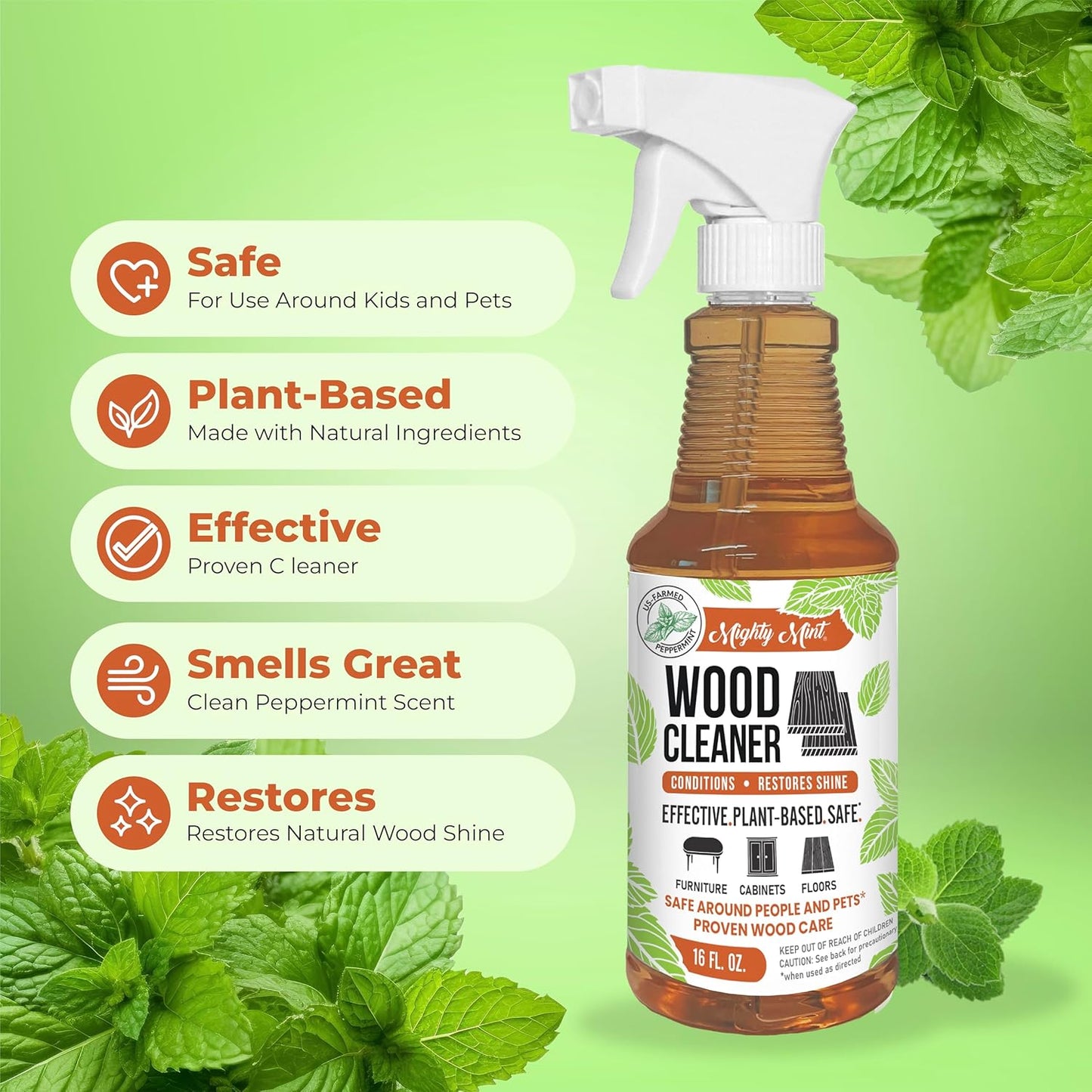 Mighty Mint Wood Cleaner and Conditioner, Spray Cleans and Renews Wood, Natural Peppermint Scent, 16oz