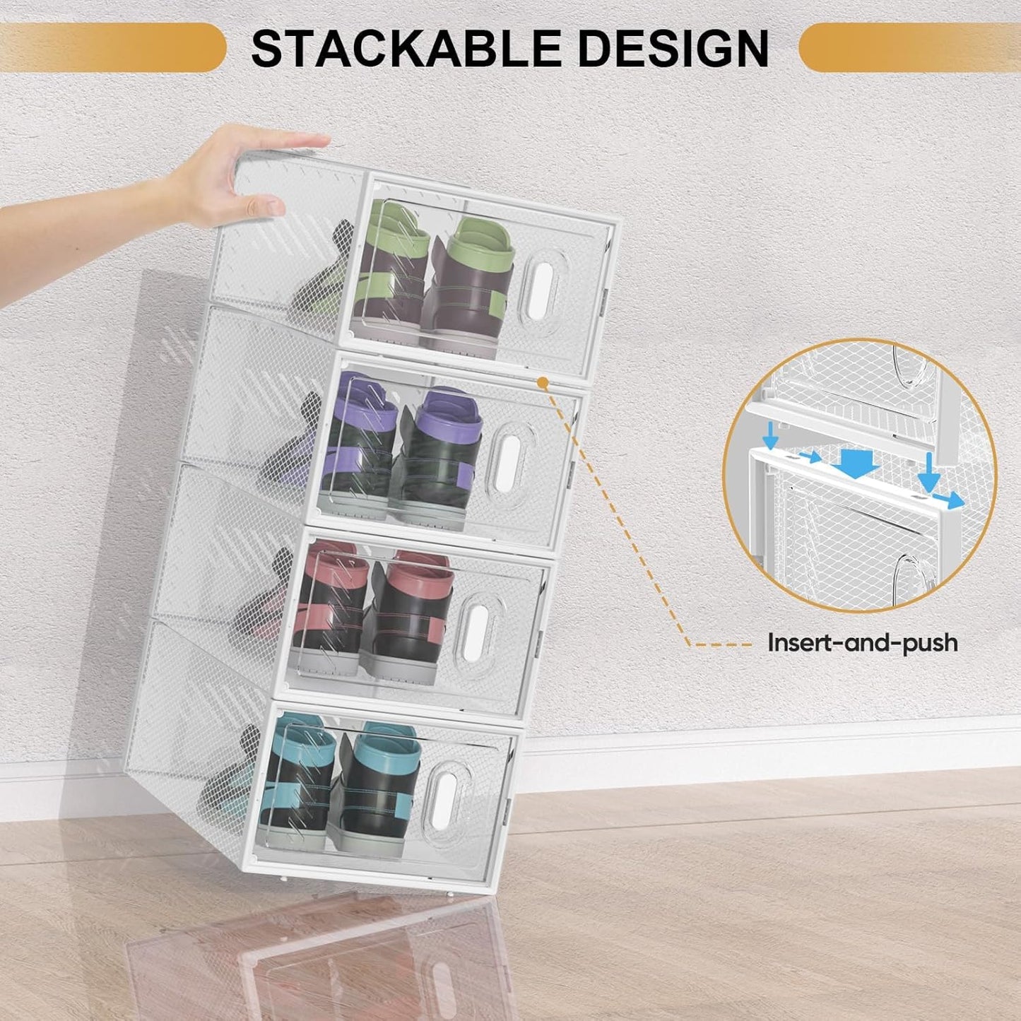 BALEINE 12 Pack Stackable Shoe Storage Boxes Fit Size 11, Thickened Clear Shoe Box Bins with Lids, Plastic Foldable Organizer Sneaker Storage Containers (X-Large, White)