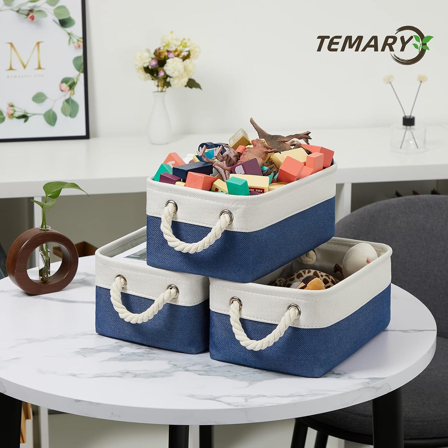 Temary Small Storage Baskets for Shelves, 6 Pcs Empty Gift Baskets for Organizing Clothes, Books, Fabric Storage Bins with Rope Handles (White&Blue,11.8 L x 7.9 W x 5.3 H inches)
