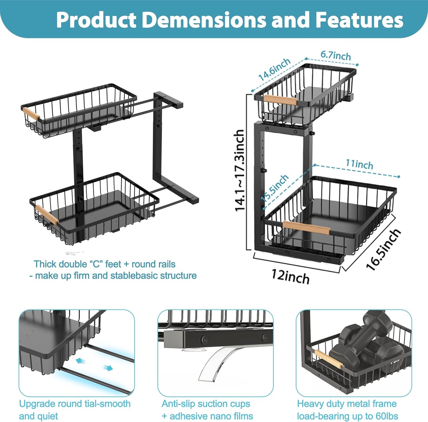 Under Sink Organizer Storage 2 Pack, 2 Tier Slide Out Height Adjustable Pull Out Cabinet Organizer Drawer for Kitchen Bathroom Large Under Sink Shelf Rack Caddy for Pantry, Black