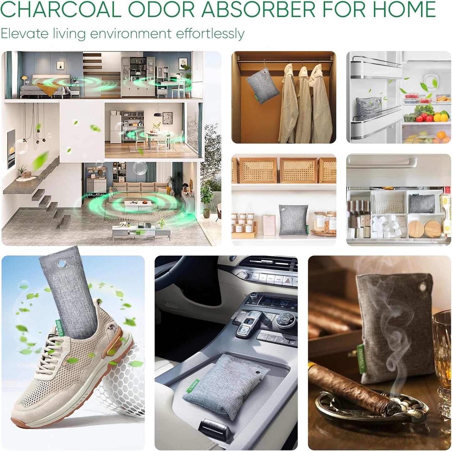 Activated Charcoal Odor Absorber,Large 4x500g w Hooks Nature Odor Eliminator for Strong Odor,Bamboo Charcoal Air Purifying Bags,Moisture Absorbers for Fresh Home Car Closet Pet,Smoke Room Deodorizer